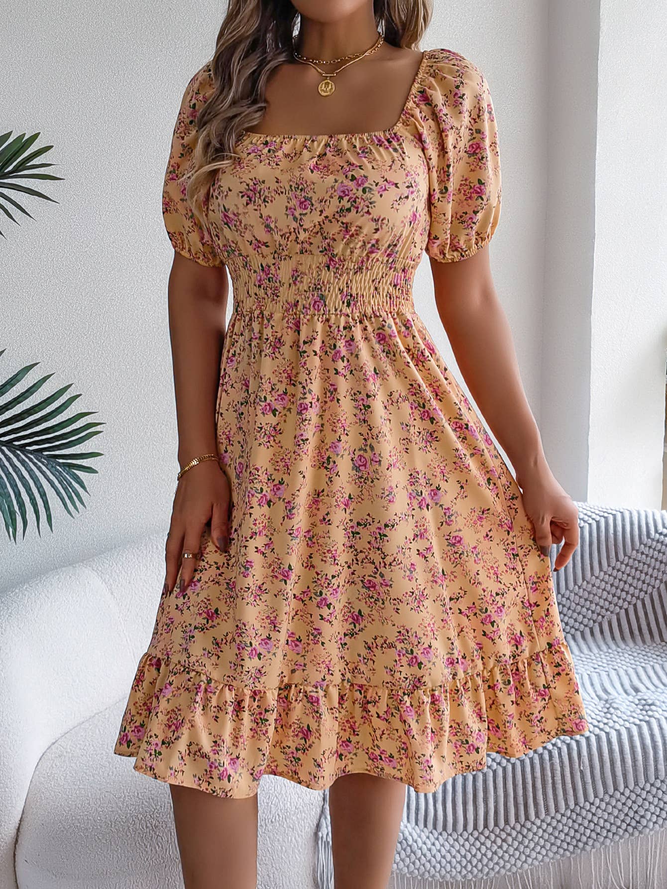 Floral square collar tucked waist peplum dress