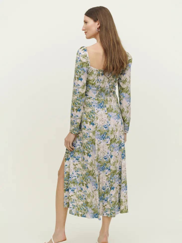 FLORAL PRINT CABLE LONG-SLEEVED SPLIT DRESS