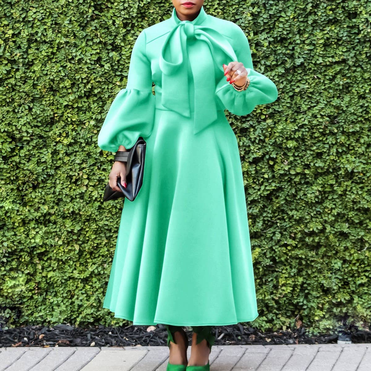 LANTERN SLEEVE HIGH WAIST BOW OVERSIZED DRESS_CWDMD3664