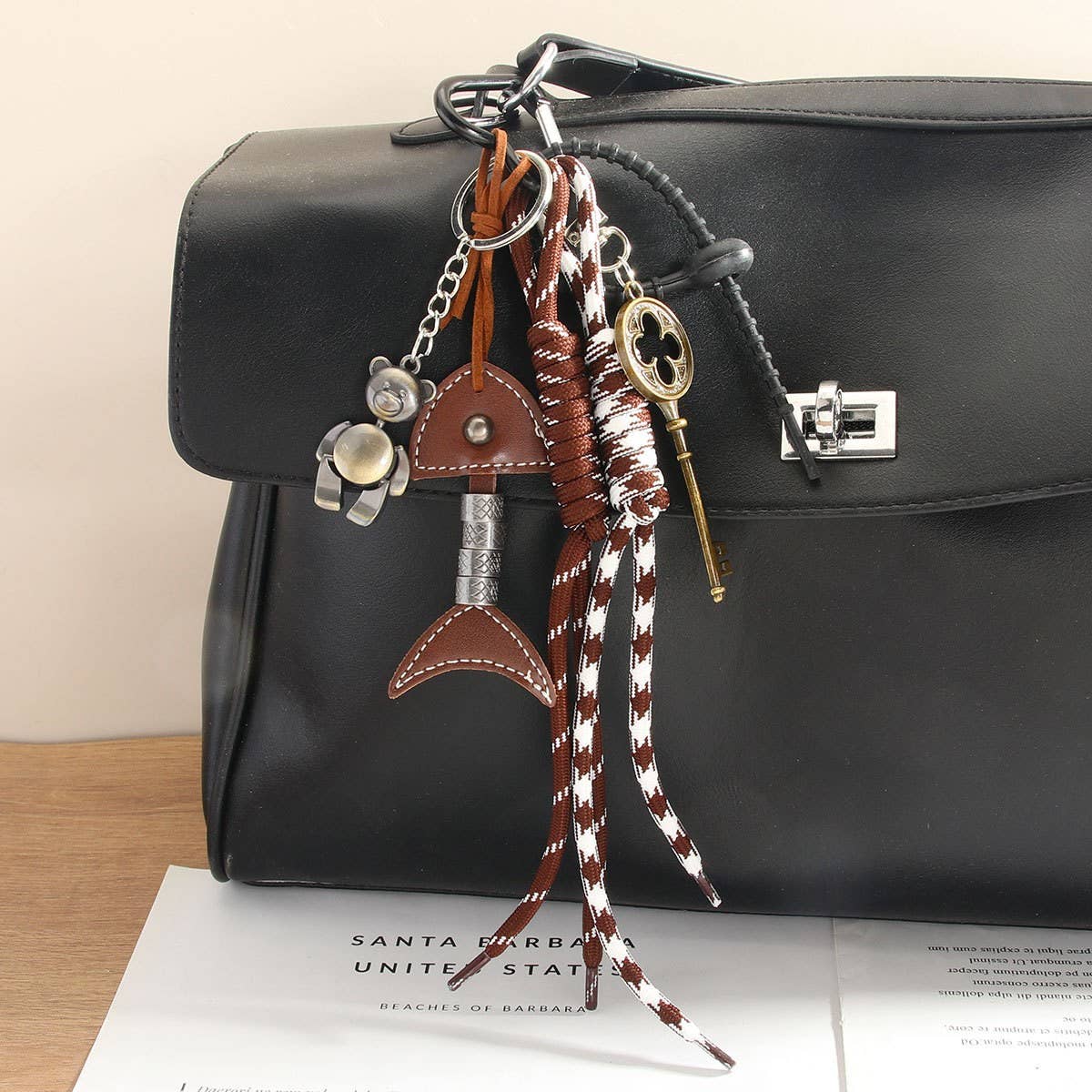 Vintage Leather Fishbone Bear Keychain Charm