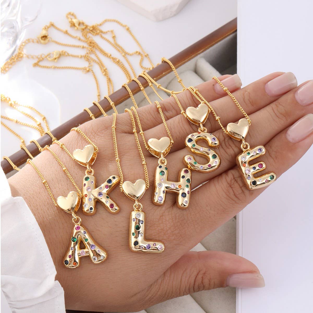 Colorful Zirconia Heart Letter Pendant Necklace