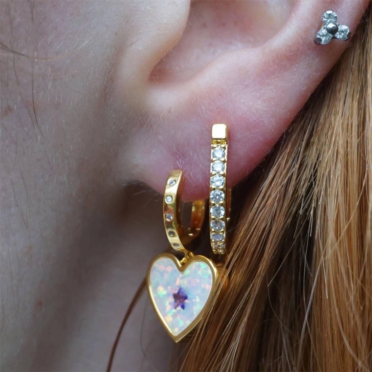 Dopamine Heart Opal Star Crystal Sweet Earrings