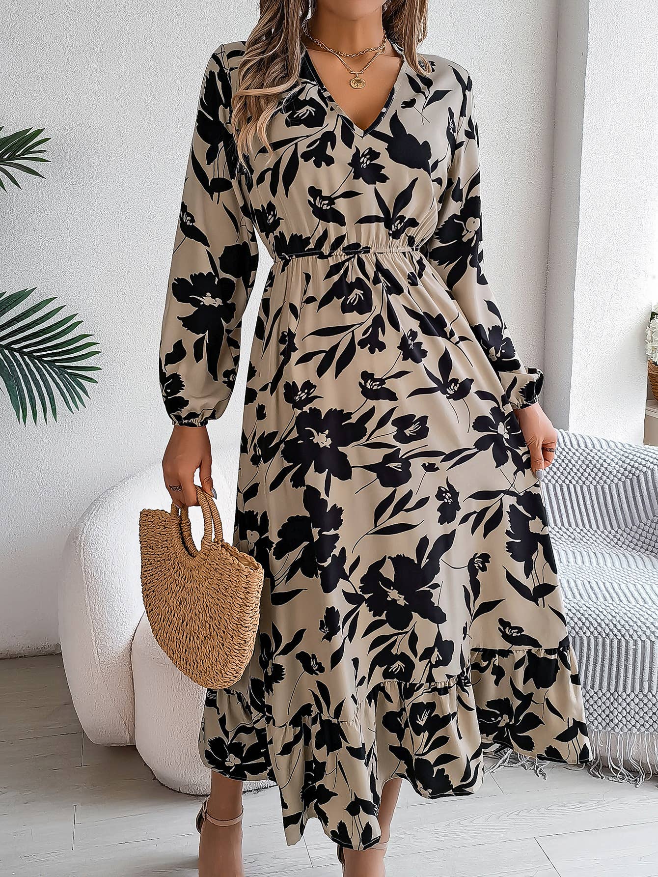FLORAL LONG SLEEVE PEPLUM DRESS WITH WAIST TUCKED