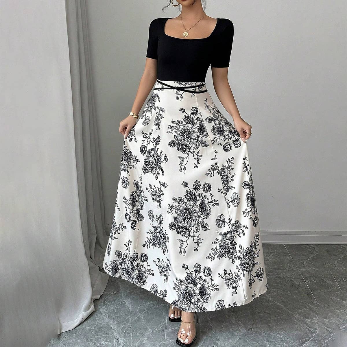 Floral print vacation style patchwork long dress