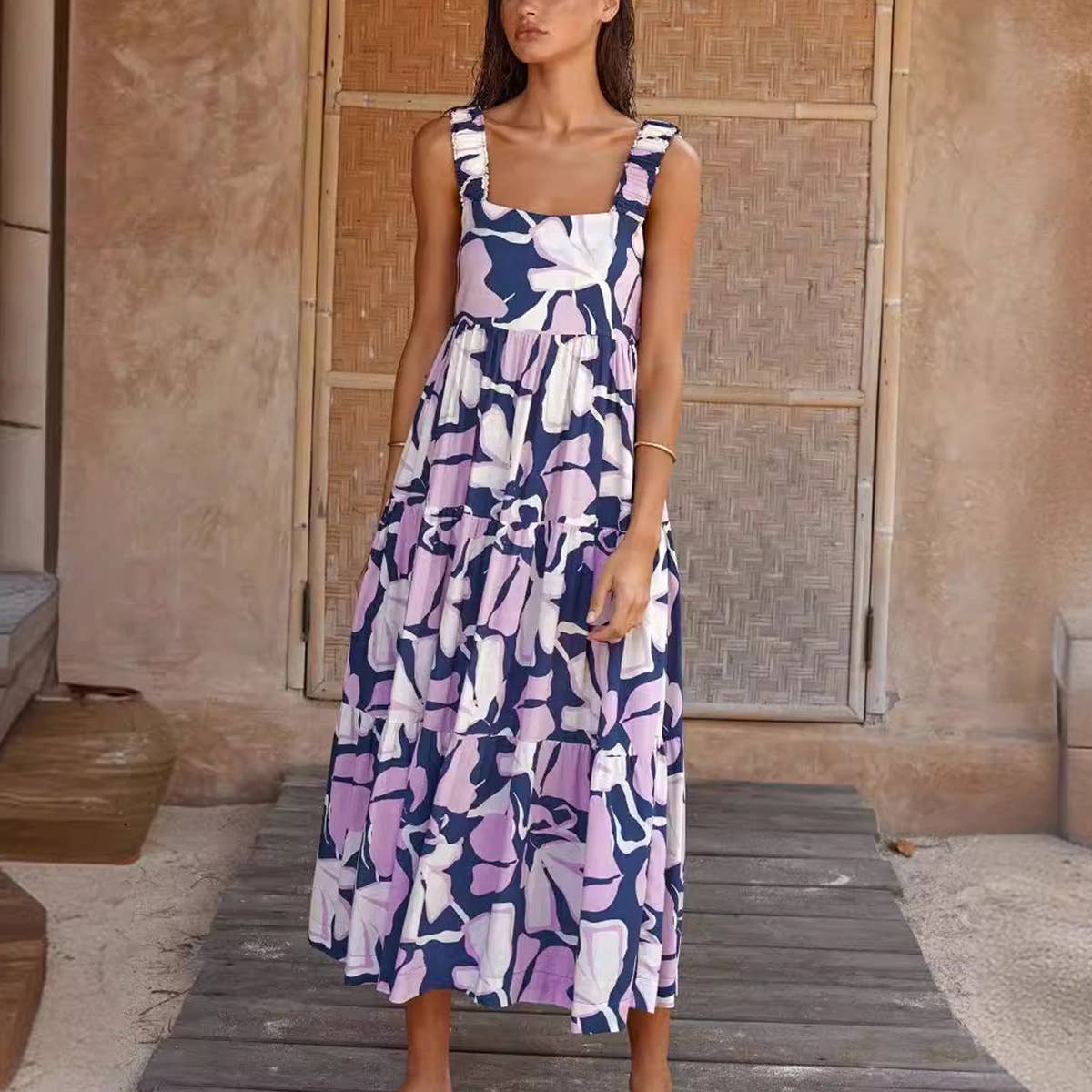 FLORAL PRINT DRESS WITH PLEATED HALTER