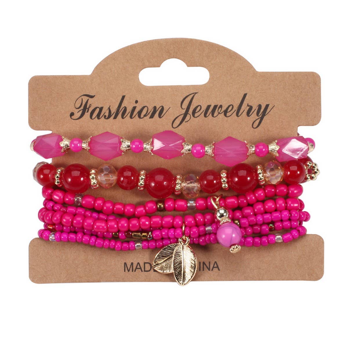 CWMM10461_BOHO MULTI LAYER BEADED LEAF CHARM BRACELET