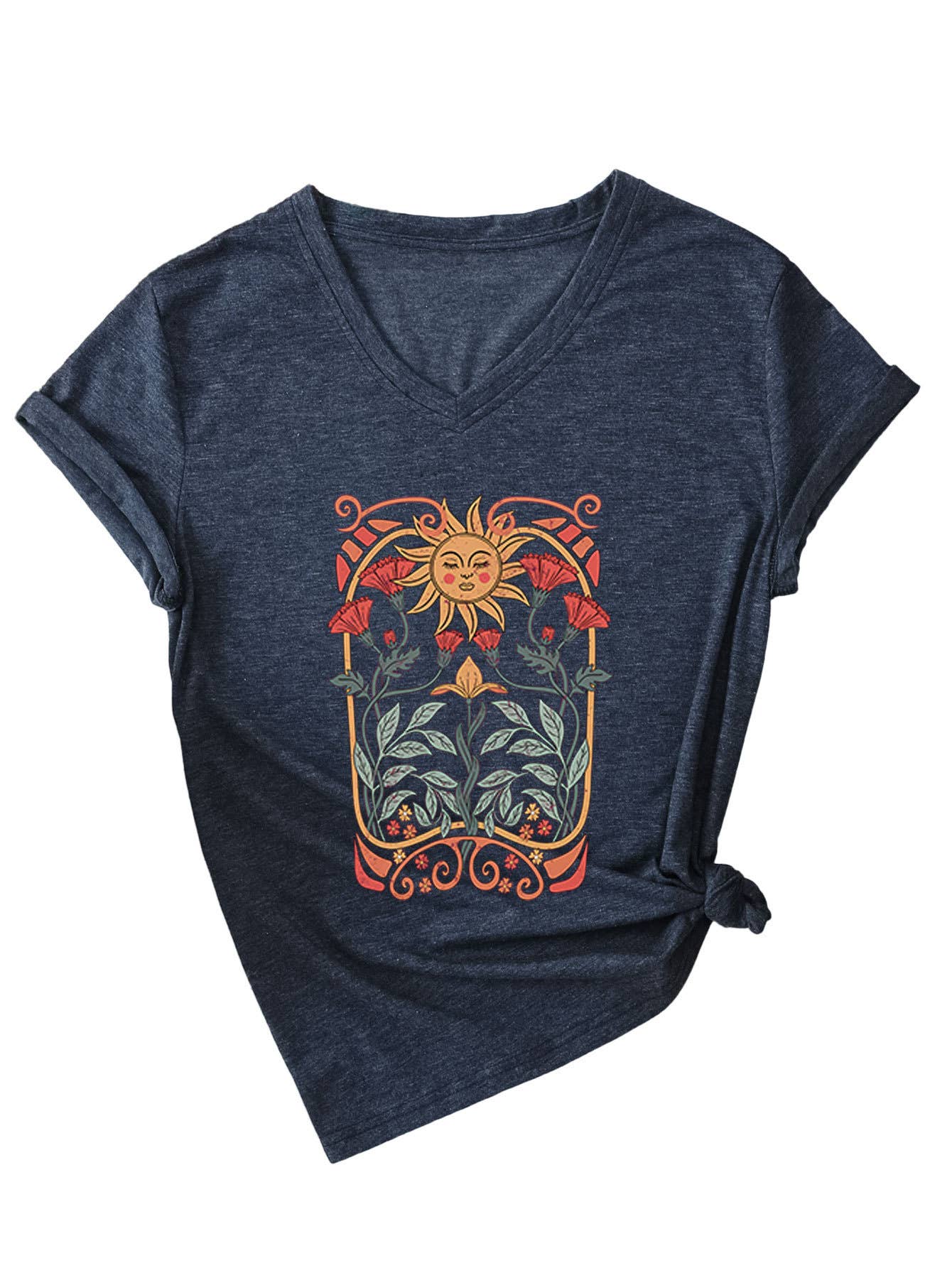 Floral sun print V-neck short-sleeved T-shirt