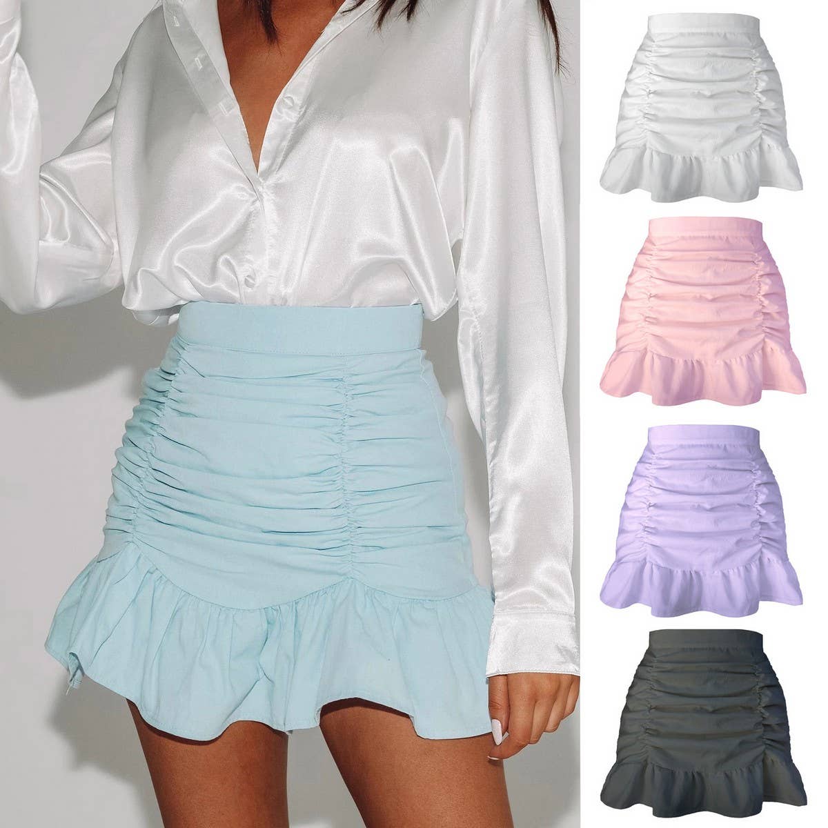 SOLID COLOR PLEATED RUFFLE ZIPPER SKIRT_CWBSS0388