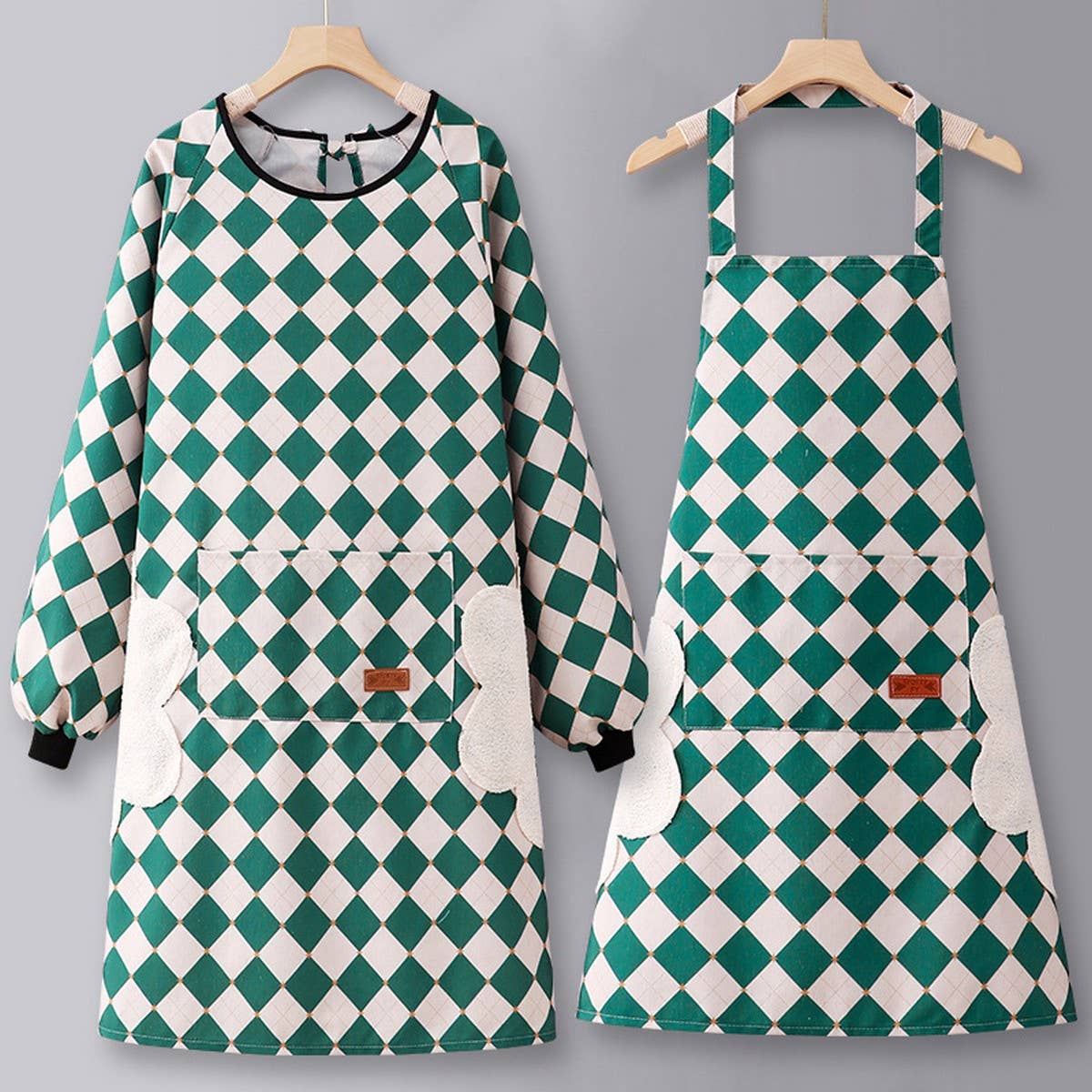 Checkered Cotton Long Sleeve Kitchen Work Apron _CWMM6693