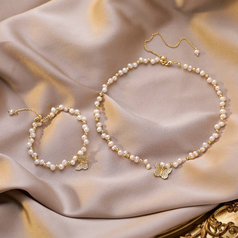 Simple butterfly necklace Baroque pearl bracelet