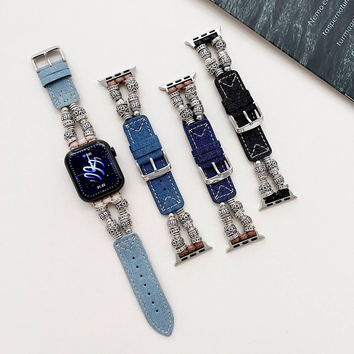 IWATCH9-1 TIBETAN SILVER DENIM LEATHER STRAP