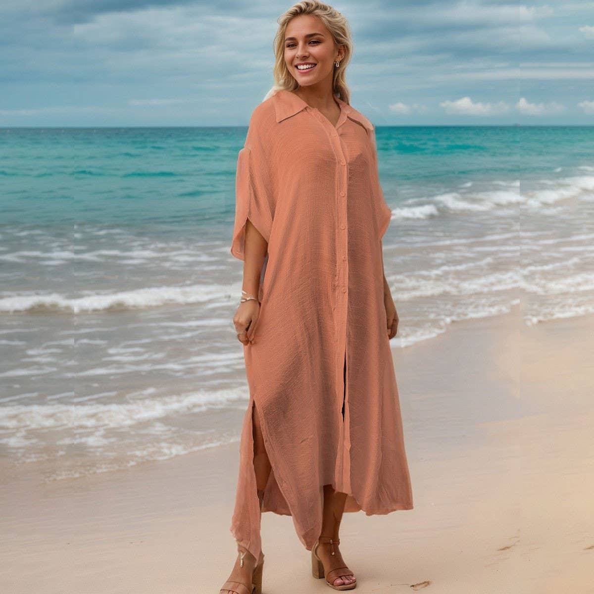 Bamboo Cotton Beach CoverUp Solid Color BikiniShirt_CWMM6300