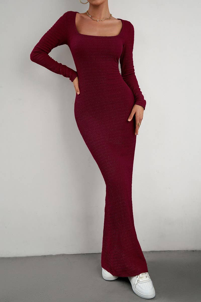 CWDMD4832_SLIM FIT SQUARE NECK LONG SLEEVE KNIT DRESS