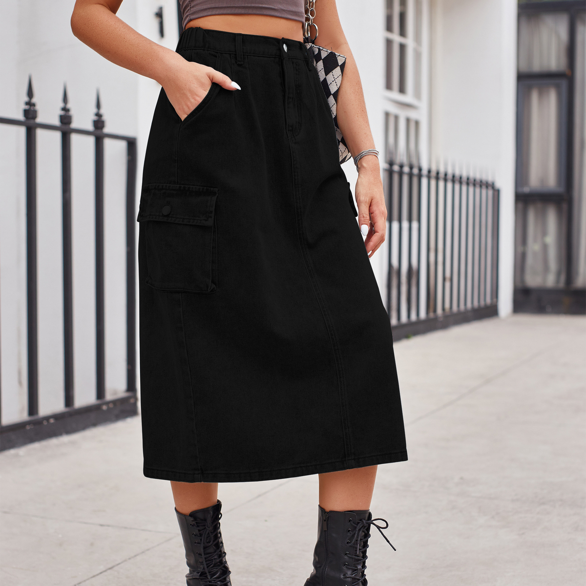 Women?™s Washed Denim Cargo Midi Skirt Slim Fit_CWJSK0198