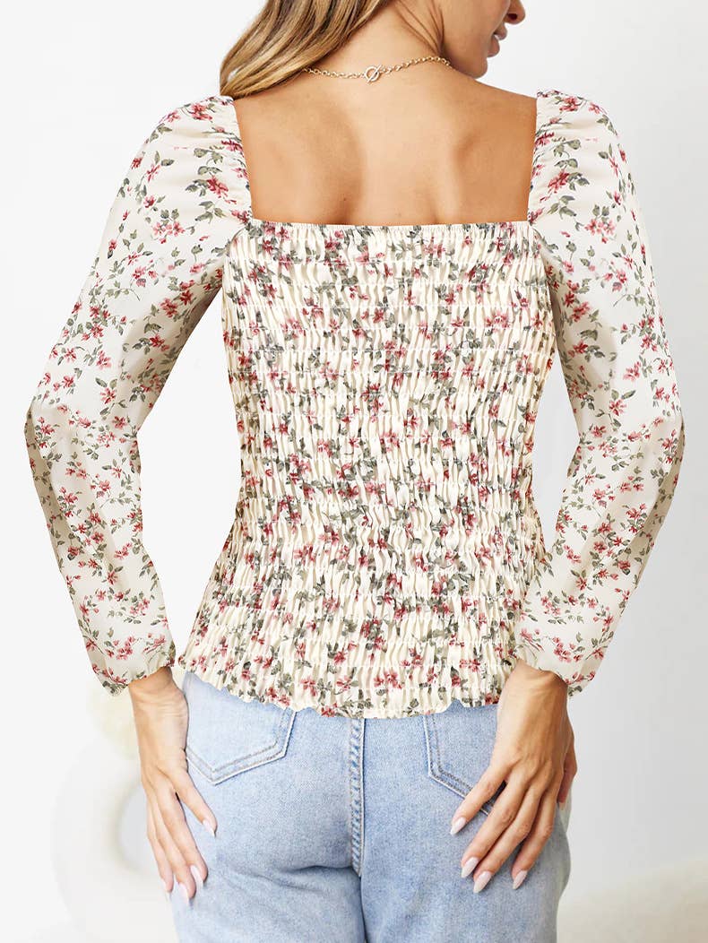 Floral Long Sleeve Square Neck Loose T-shirt