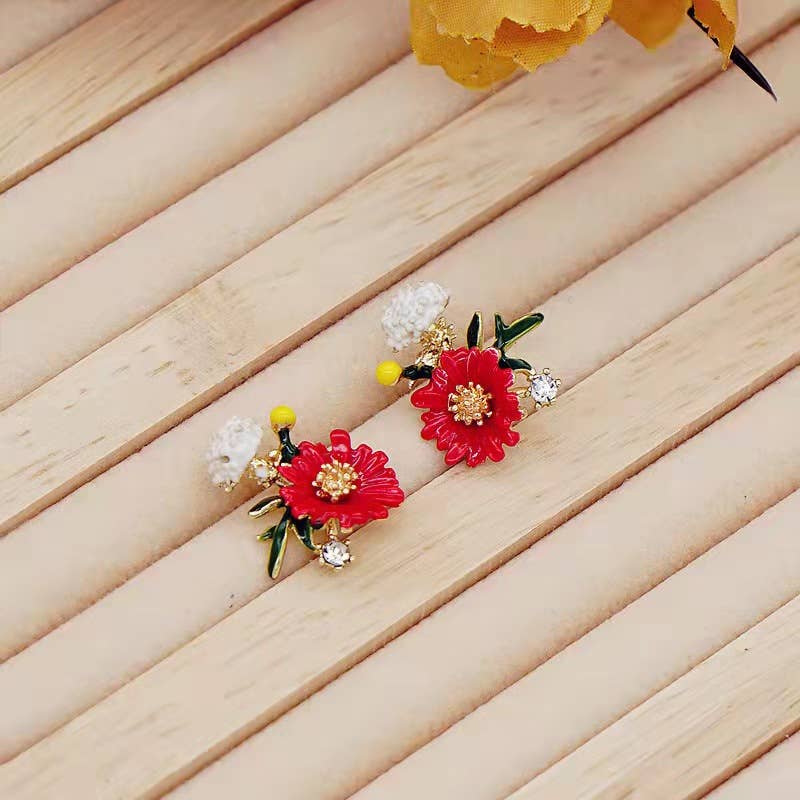 French enamel and colored glaze flower earrings