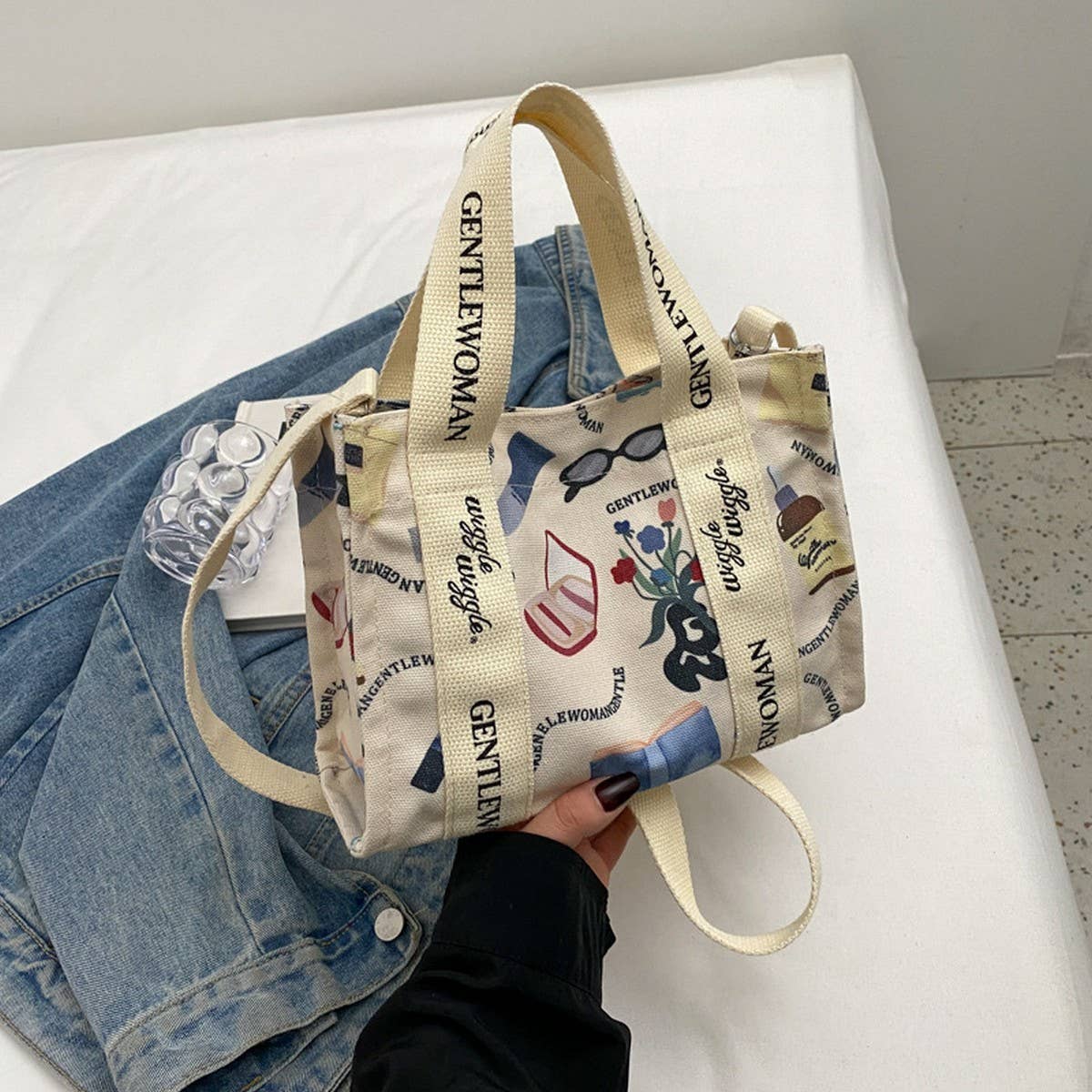 CUTE BEAR COLORFUL LETTER PRINT CANVAS BAG_CWAB2684