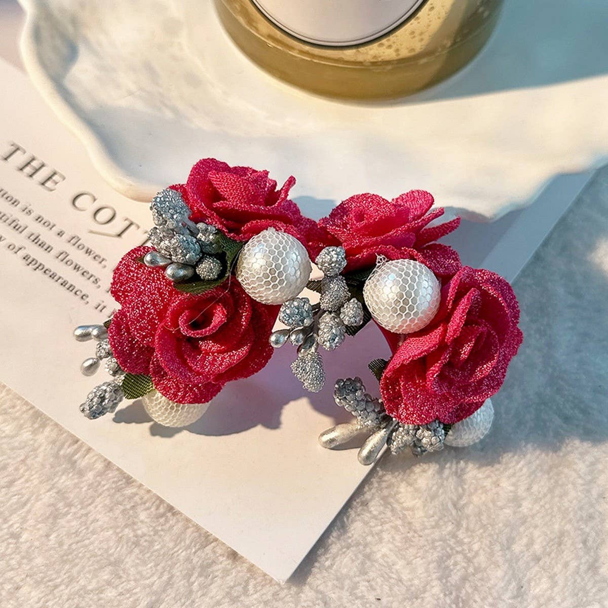 Pearl Fabric Flower Stud Earrings ??Unique Design_CWMM6256