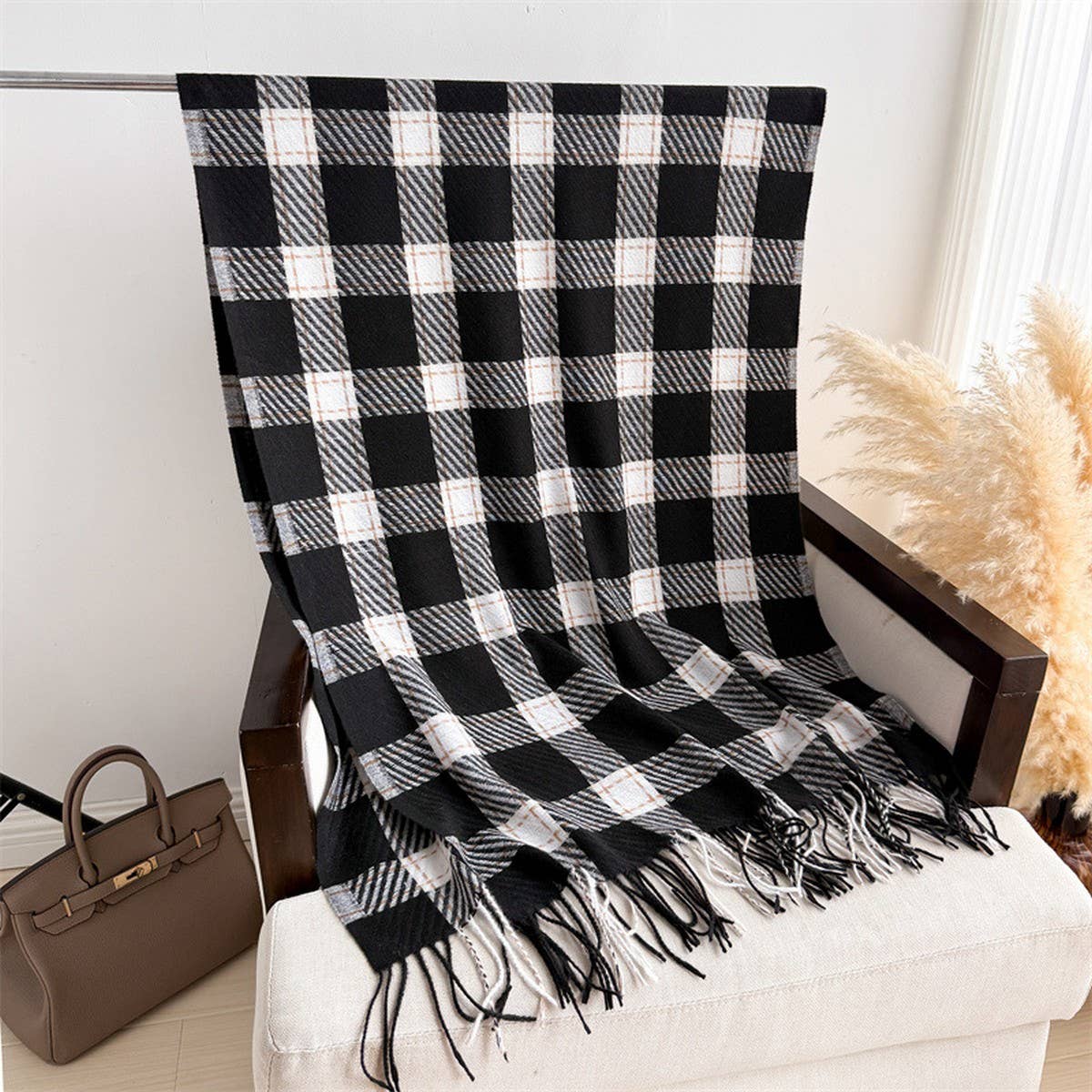 Aesthetic Plaid Fringe Scarf for Fall Winter_CWASC2767