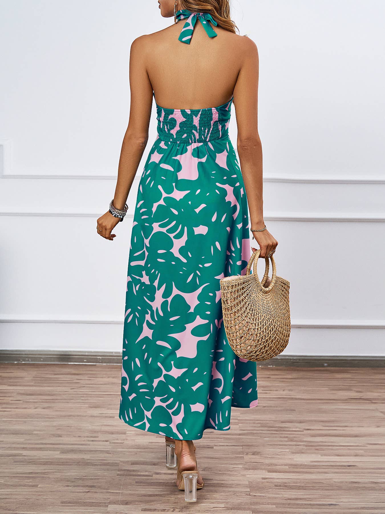FLORAL PRINT HOLLOWED LACE HALTER LONG DRESS