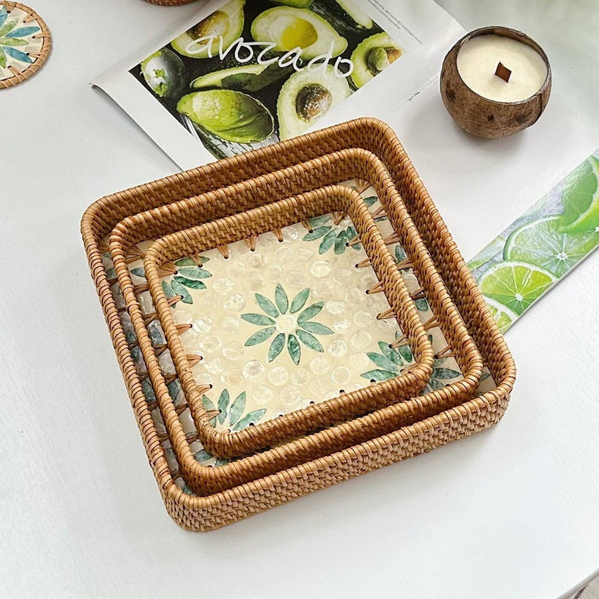 RATTAN COLORFUL SHELL FRUIT TRAY THREE-PIECE SET_CWMM4407