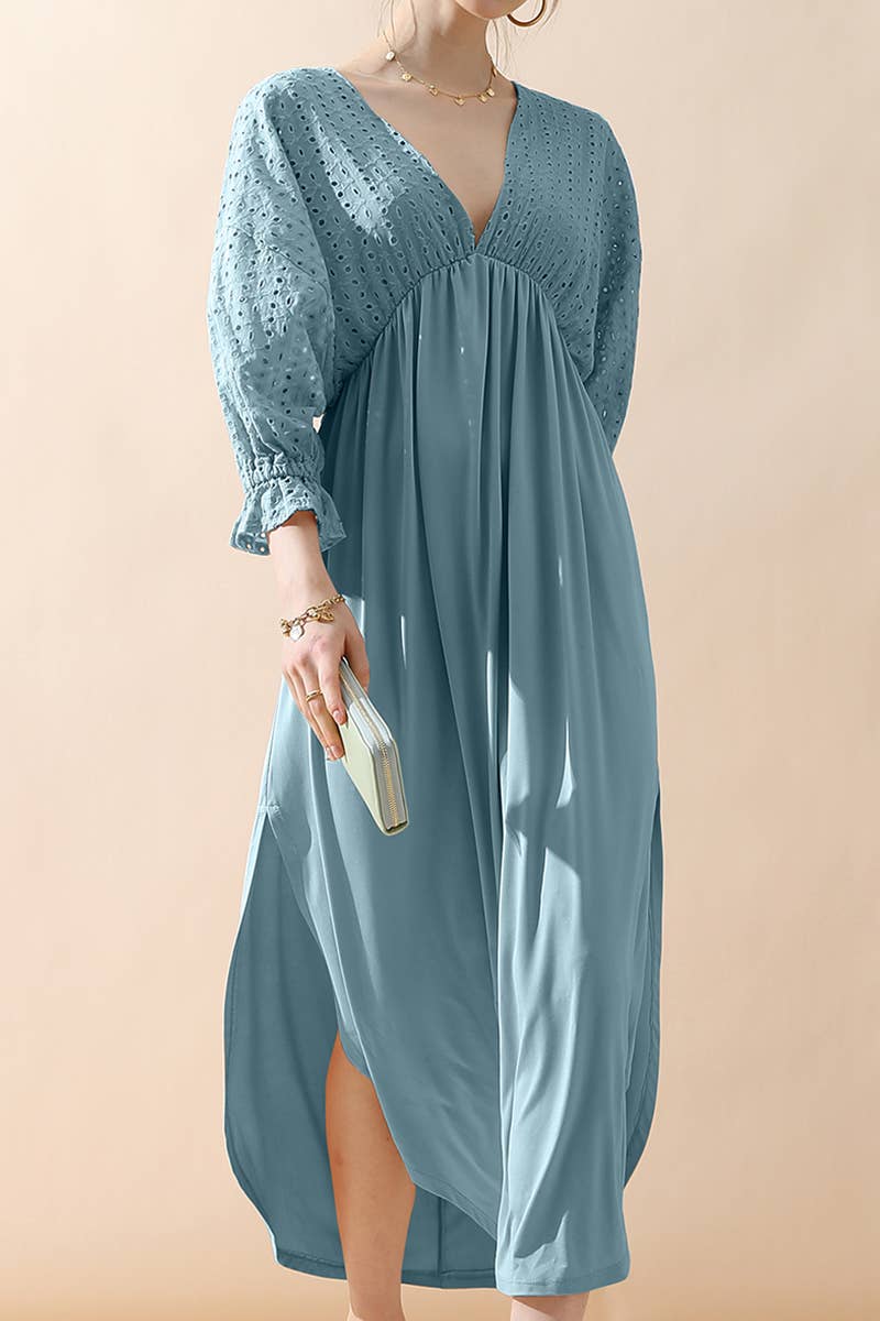 CWDMD795_3/4 SLEEVE V NECK LONG DRESS