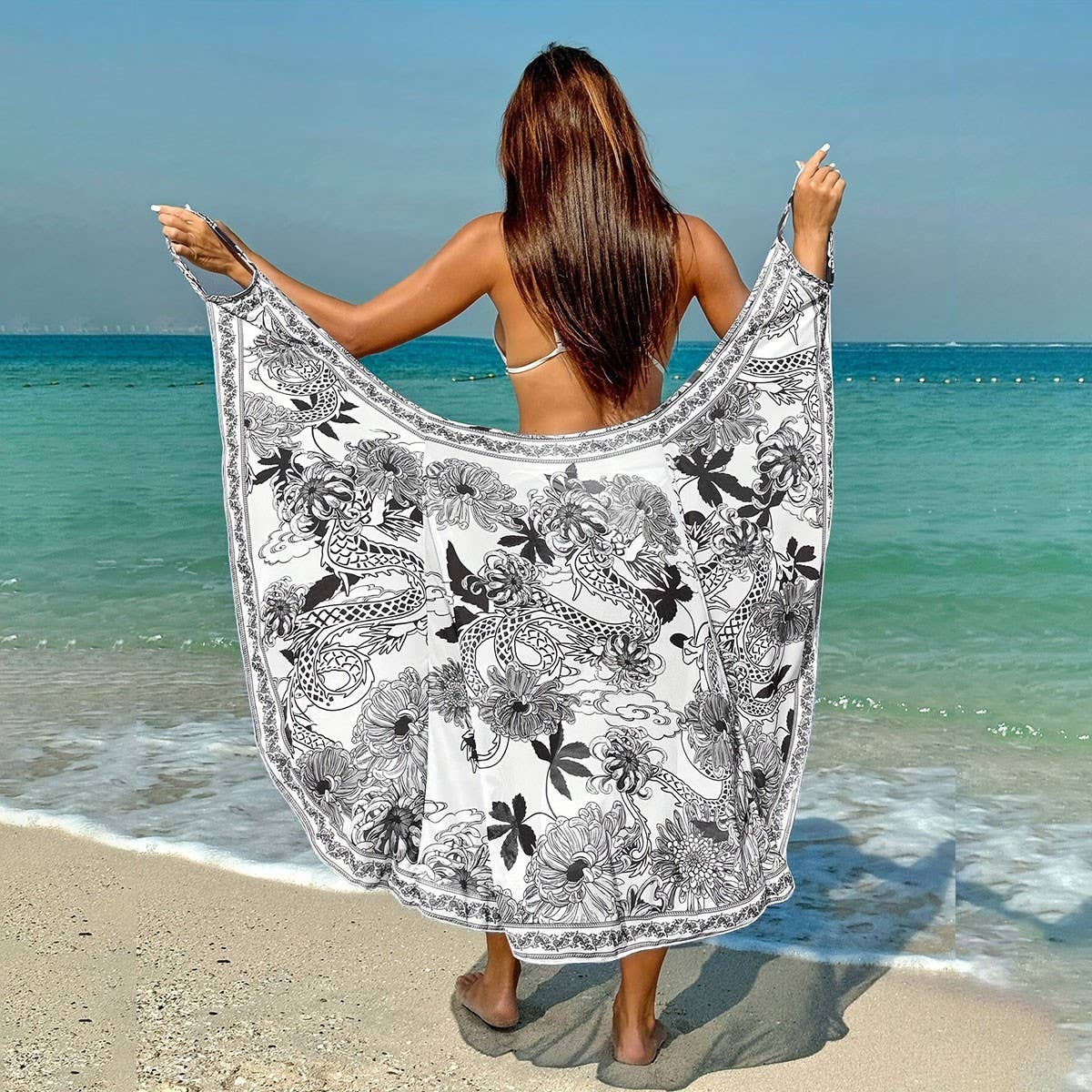 Versatile Print Beach Dress, Multi-Way Cape Style