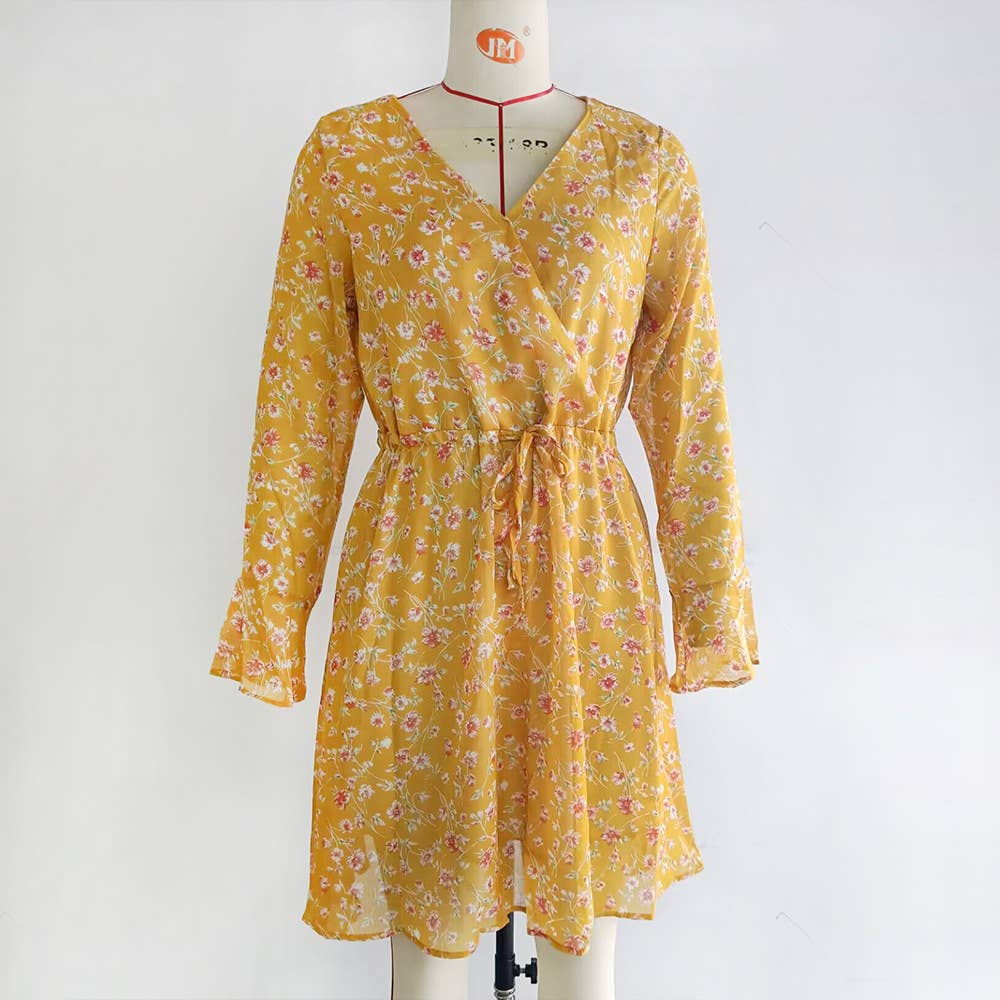 FLORAL LONG-SLEEVED V-NECK BOHO DRESS