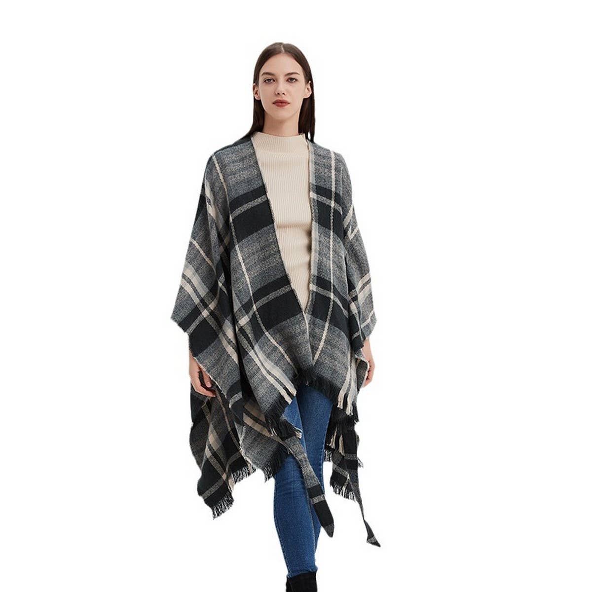 BLACK AND WHITE LINE CARDIGAN SHAWL CLOAK_CWASC0264