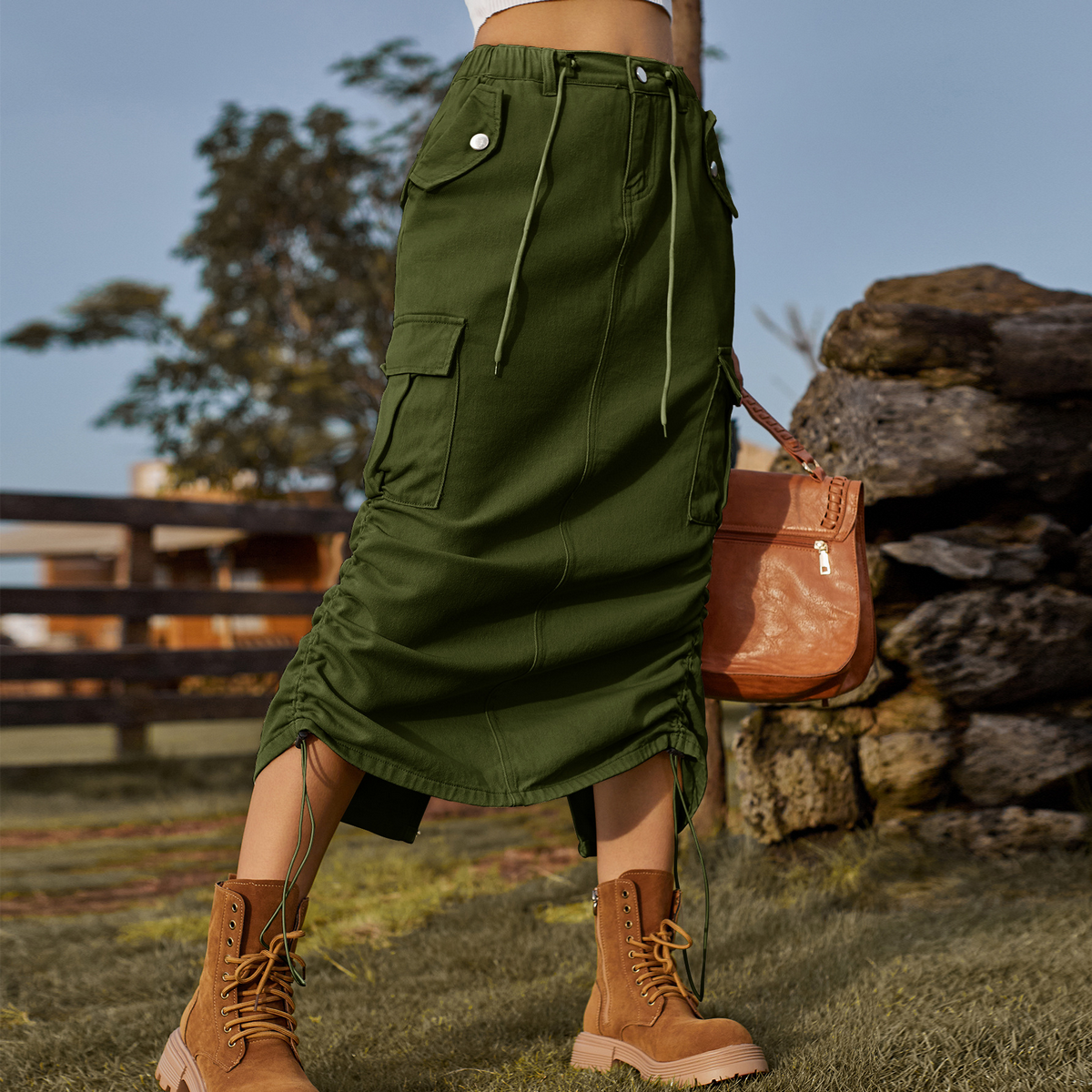 Women??¢s Cargo Midi Skirt Drawstring Elastic Waist_CWJSK0218