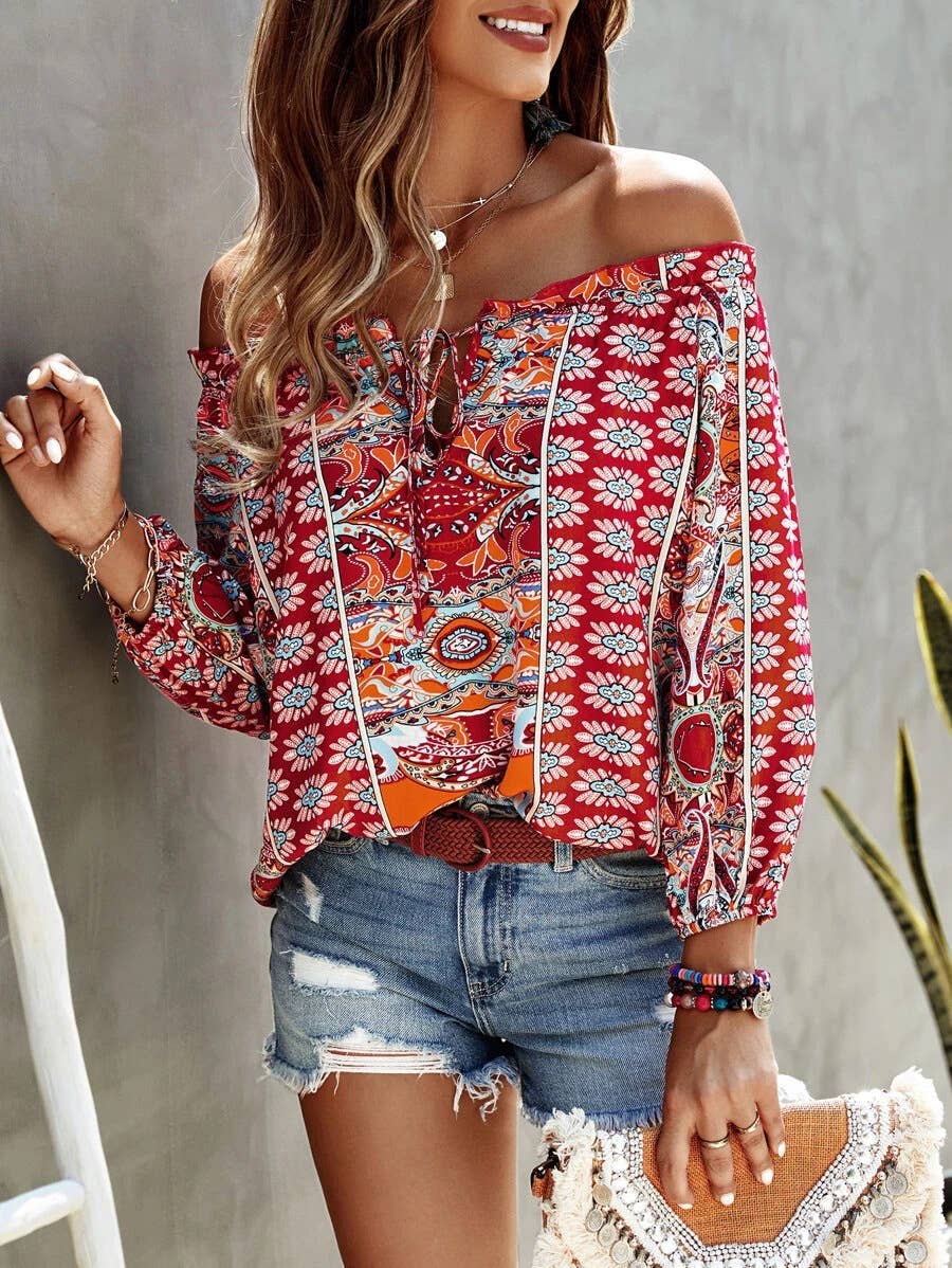 FLORAL PRINT OFF-THE-SHOULDER RUFFLED KNOT SHIRT