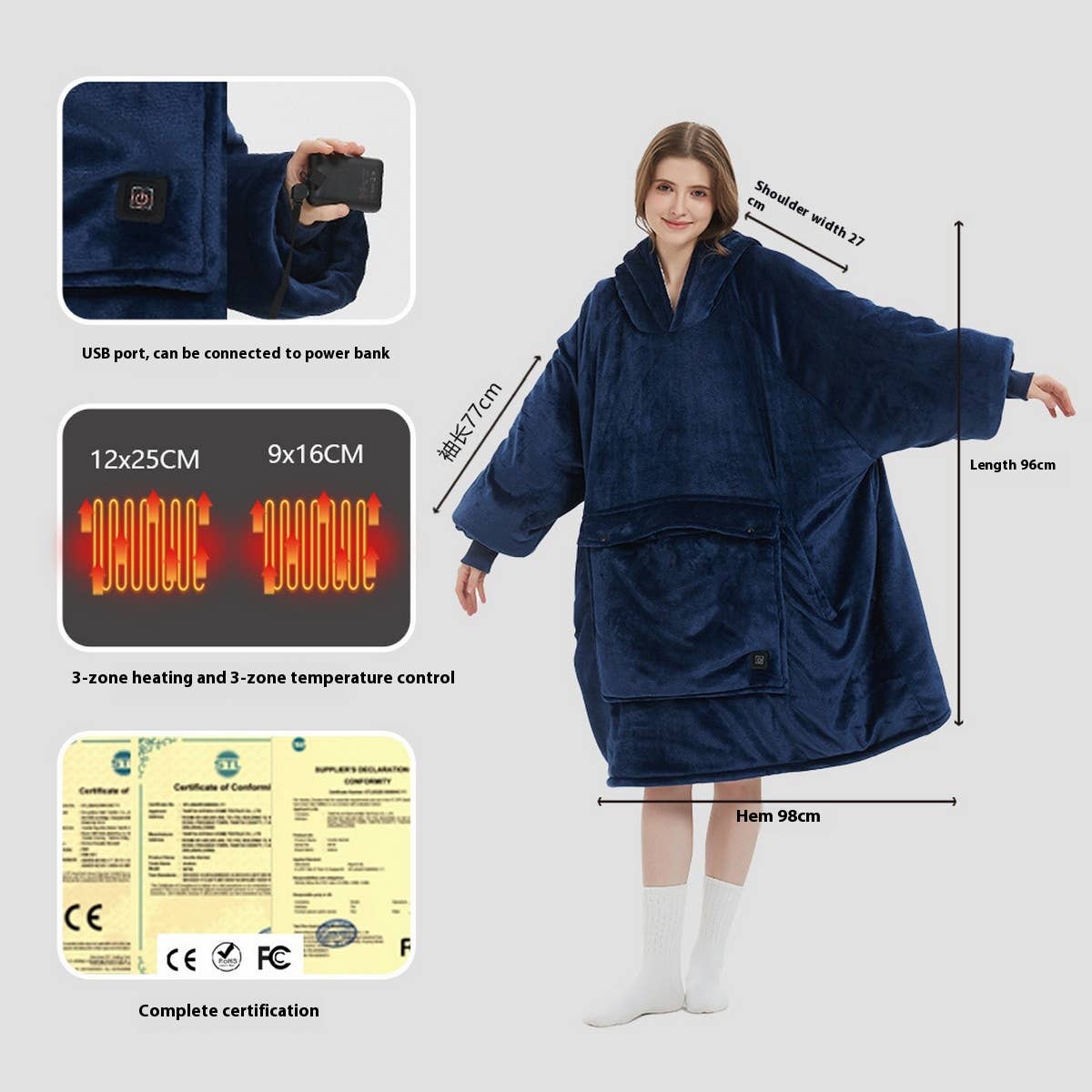 USB Heated Hoodie Blanket Double-Layer Flannel