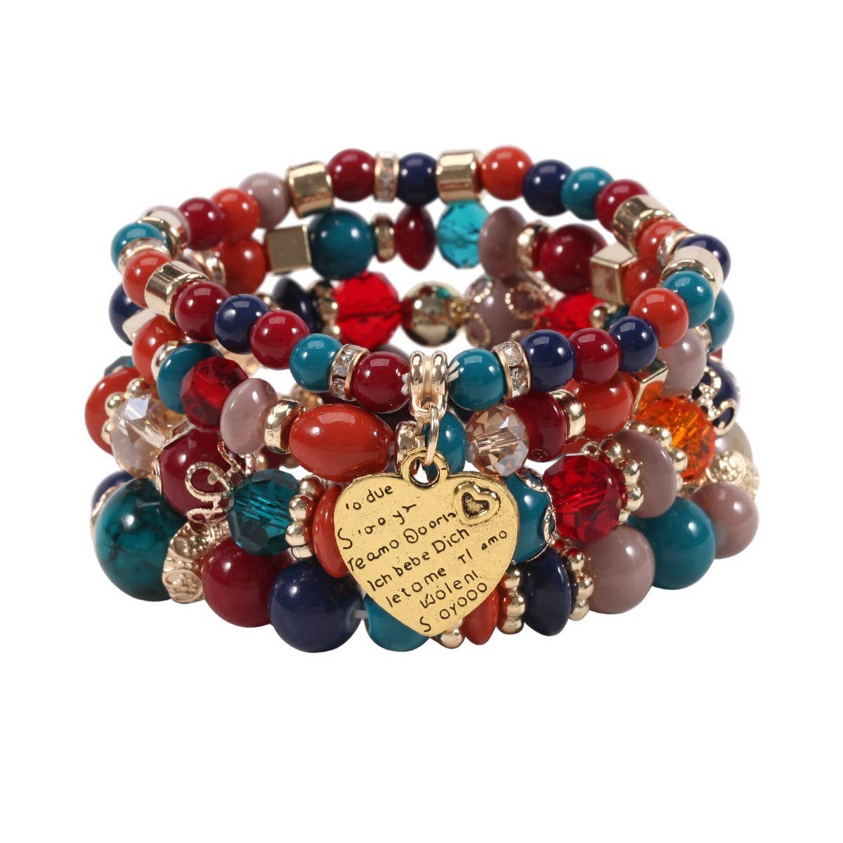 CWMM10451_BOHO BEADED HEART BRACELET SET 4PCS ELASTIC