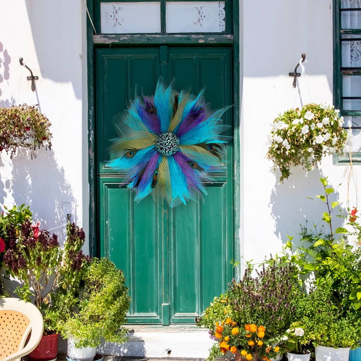Peacock Feather Ribbon Wreath Door Hanging_CWAJE05389