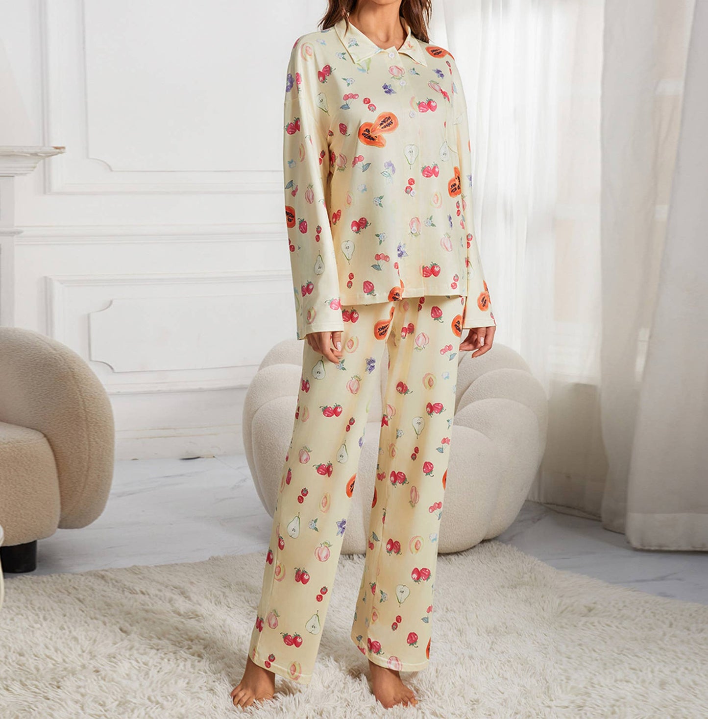 FLOWER AND FRUIT PRINT WIDE LEG PANT PAJAMA SET