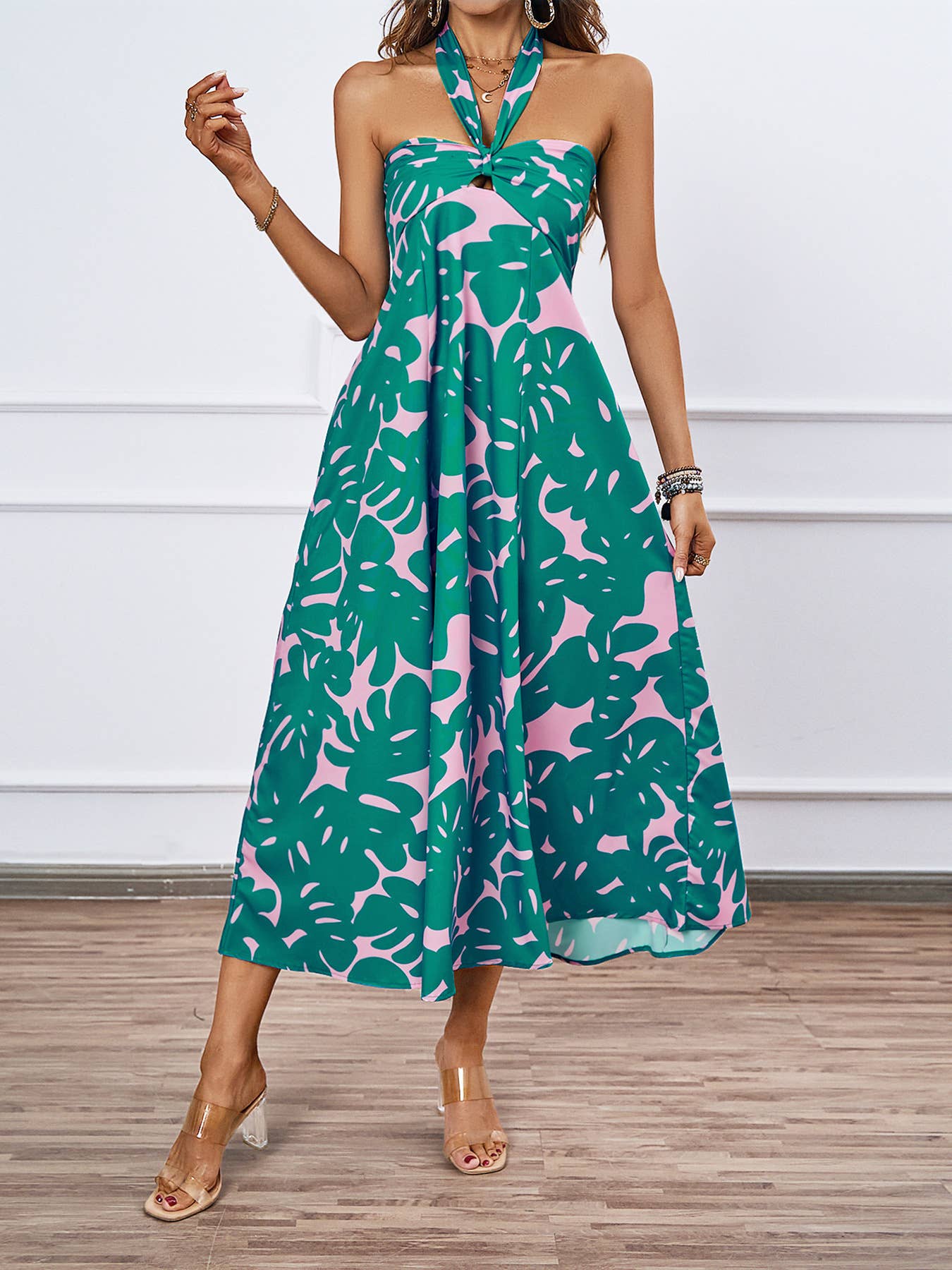 FLORAL PRINT HOLLOWED LACE HALTER LONG DRESS