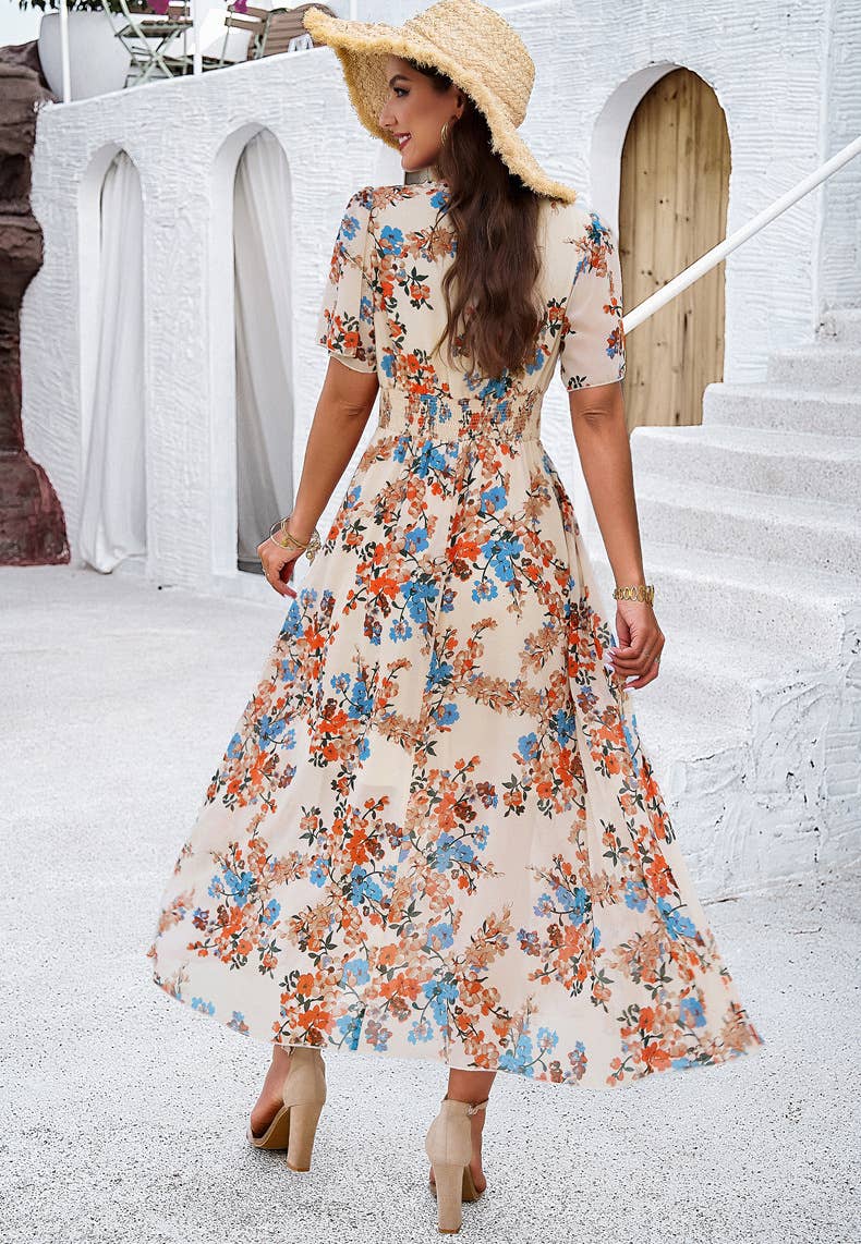Floral V-Neck Waist-Tie A-Line Maxi Dress