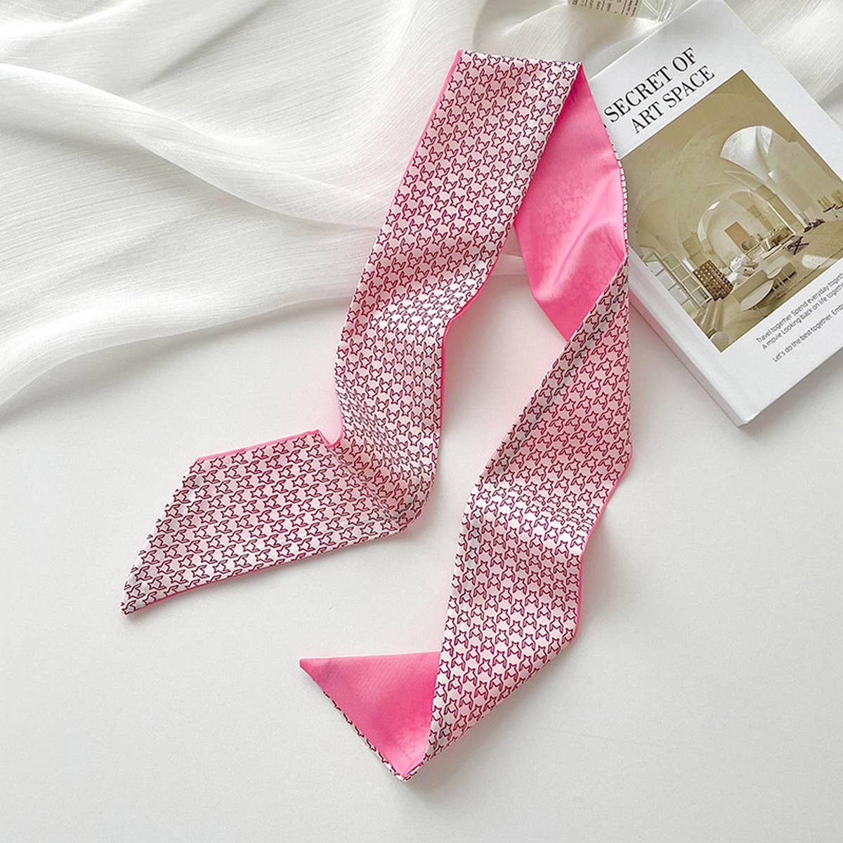Pink Floral Skinny Scarf ??Hair Tie & Bag Ribbon_CWASC0708