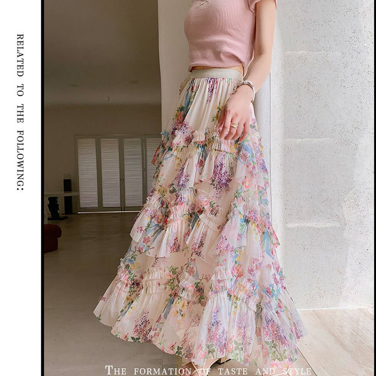 COLORFUL FLORAL MESH PRINT PLEATED TULLE SKIRT