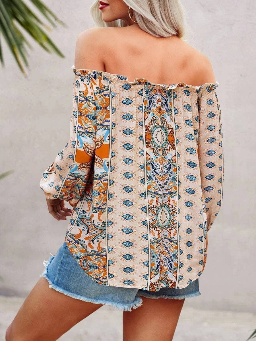 FLORAL PRINT OFF-THE-SHOULDER RUFFLED KNOT SHIRT