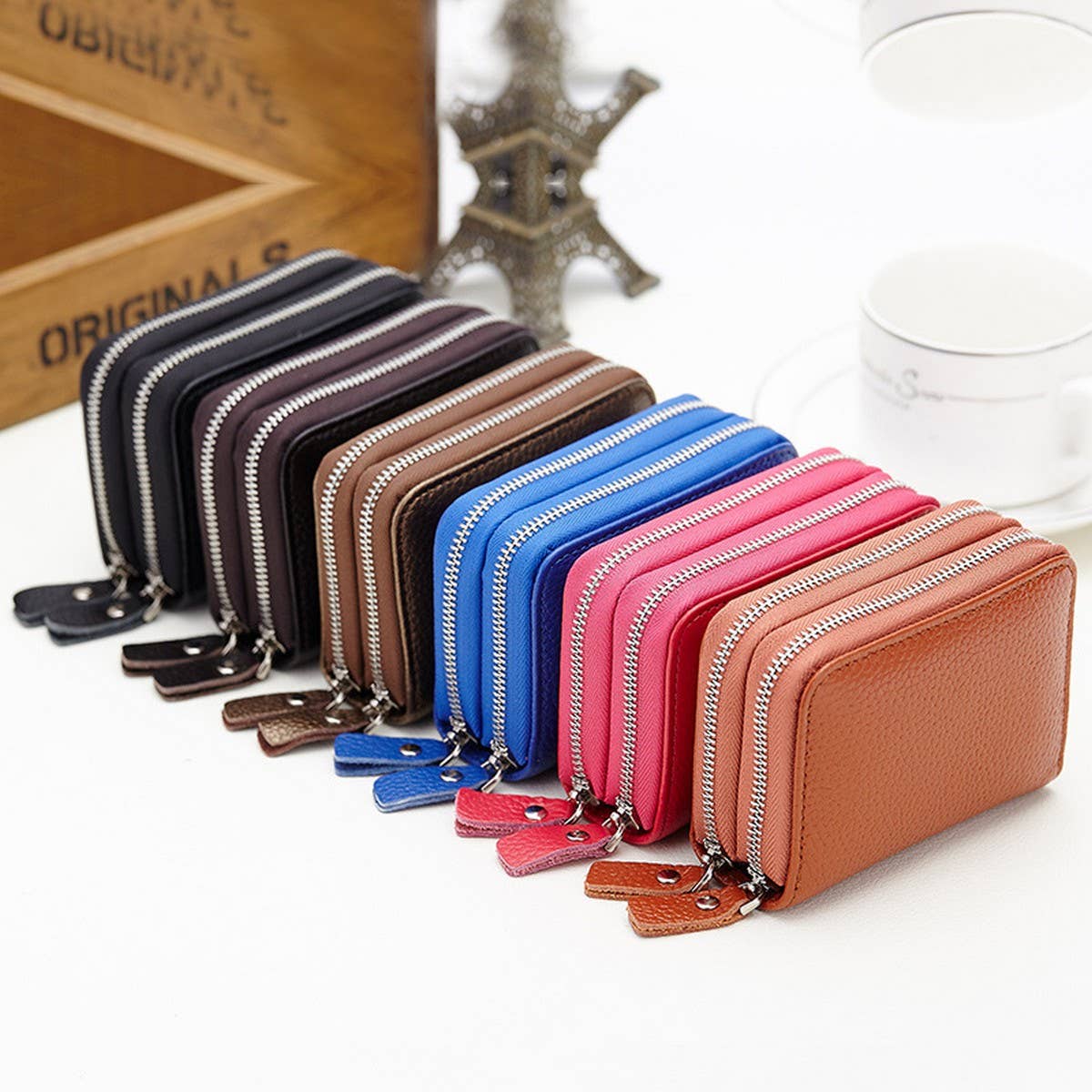 HEAD LAYER COWHIDE DUAL ZIP ZIPPER LEATHER CARD BAG_CWAB3872