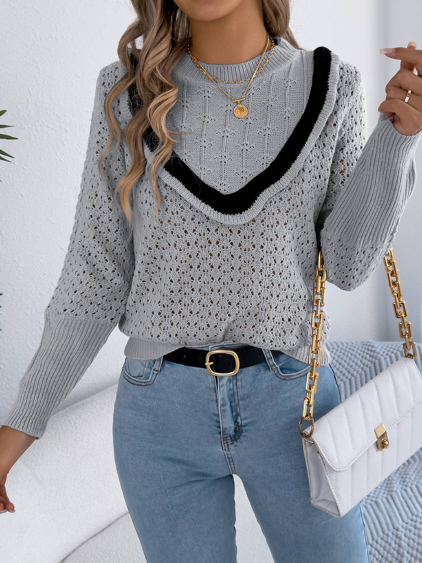 Wooden ear side long sleeve hollow sweater