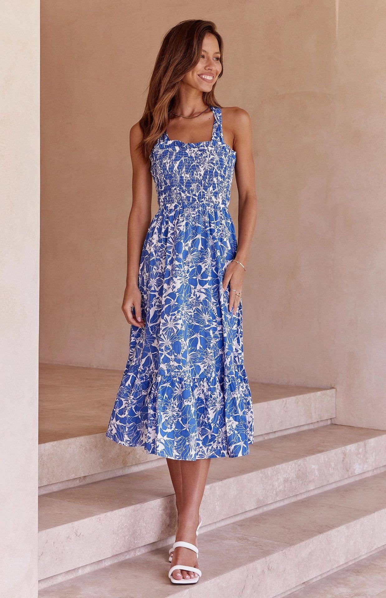Floral spaghetti-strap backless dress