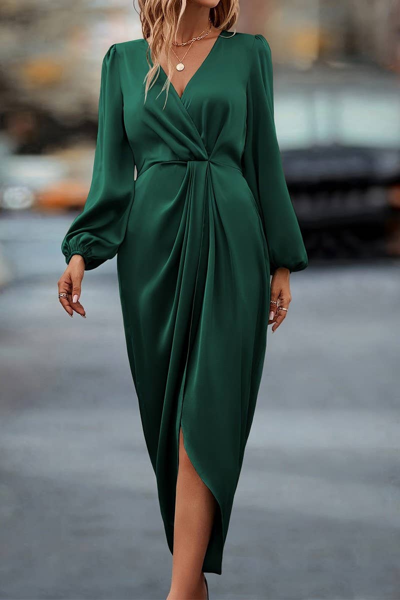 CWDMD4875_CROSS NECK SLIT PUFF SLEEVE IRREGULAR DRESS