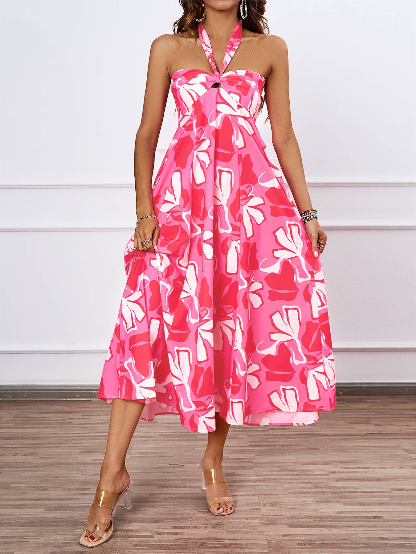 FLORAL PRINT HOLLOWED LACE HALTER LONG DRESS