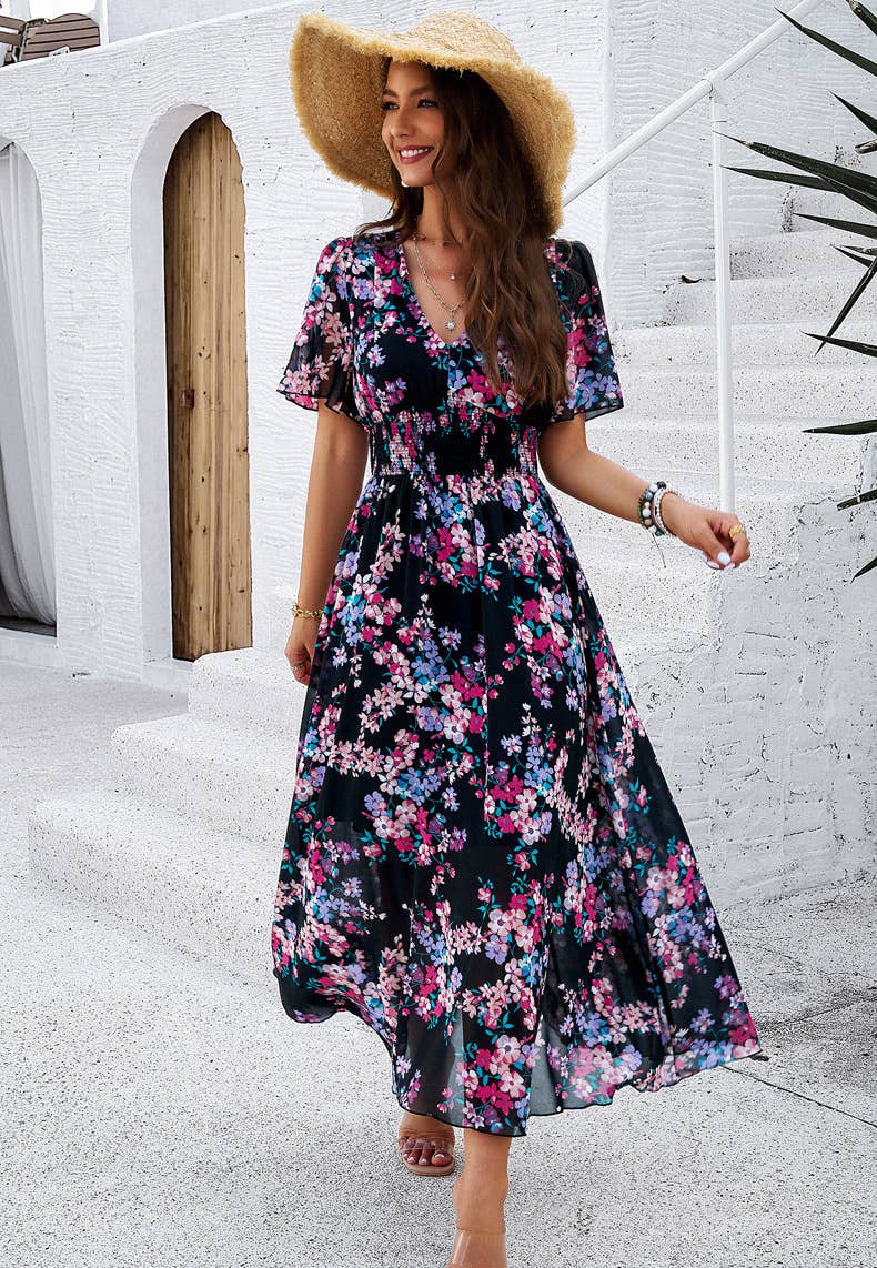 Floral V-Neck Waist-Tie A-Line Maxi Dress
