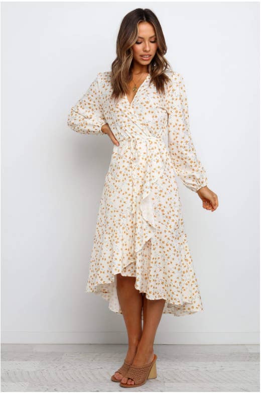 Floral sweet fashion ruffled long sleeve dress