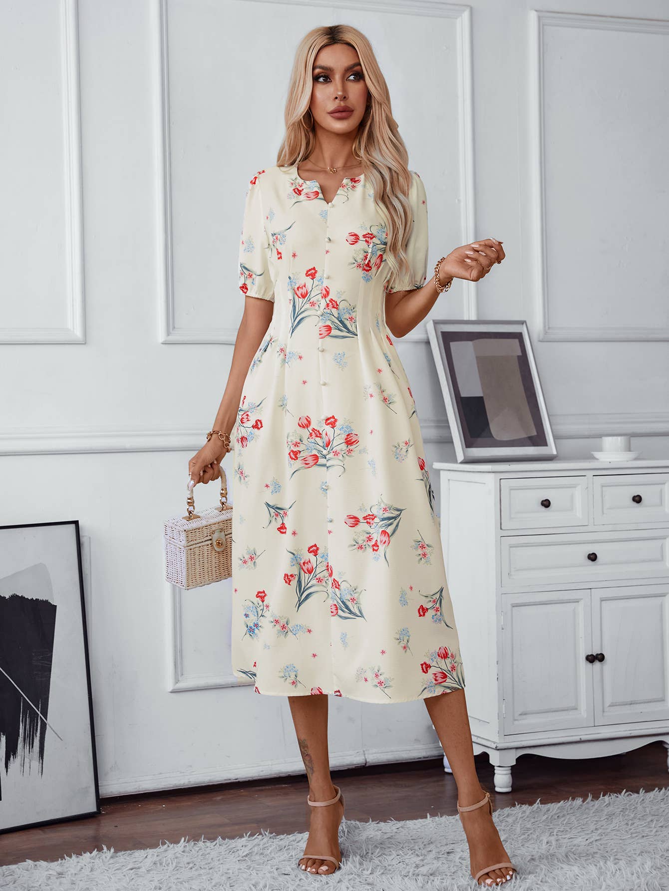 FLORAL PRINT NOTCH V-NECK ELEGANT LONG DRESS