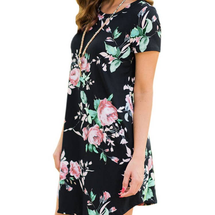 FLORAL PRINT BASIC CREW NECK PULLOVER DRESS
