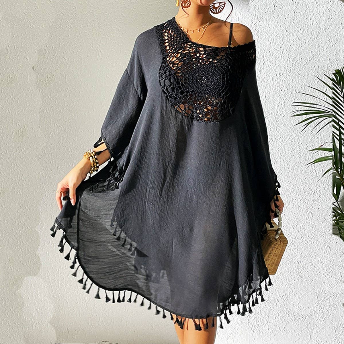 CROCHET PANEL TASSEL BIKINI BEACH COVER-UP
